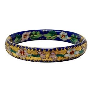 Vintage 80's Gold Plated Enamel Double Sided Cloisonné Hinged Bangle Bracelet